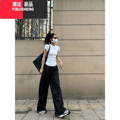 YIBUSHENG美式辣妹正肩短袖t恤女季2024新款基础款纯色休闲百搭修身上衣