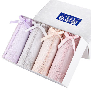 性感蕾丝内裤棉质里裆蕾丝边中腰内裤女士无痕蕾丝内裤盒装4条