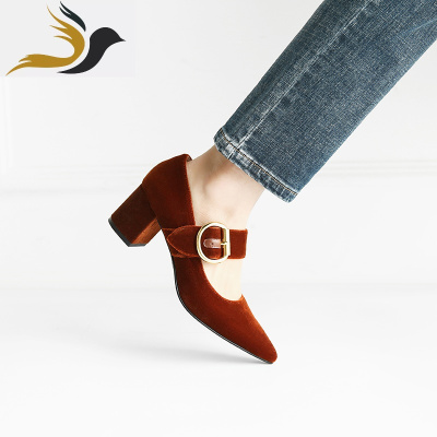 青衣自制2019春浅口丝绒一搭扣芭蕾舞鞋高跟复古尖头单鞋女60243_1