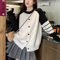 学院风长袖针织毛衣外套开衫春秋新款女装慵懒风宽松百搭撞色上衣