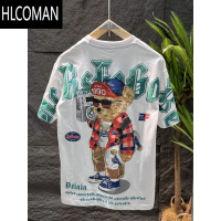 HLCOMAN夏季新款男士潮流潮牌卡通背包小熊印花短袖圆领宽松休闲T恤上衣