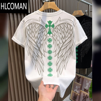 HLCOMAN欧货高端潮牌短袖T恤男夏季潮流个性印花烫金背后翅膀修身半袖衫t