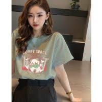 [2.5折价46元]唐狮夏季女前胸大图案圆领短袖T恤设计感百搭韩系慵懒风时尚
