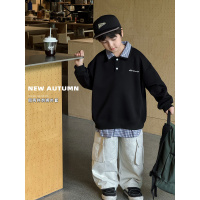 童酷男童秋款湖州织里童装字母刺绣格子假两件翻领儿童卫衣潮