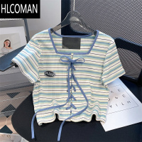 HLCOMAN美式纯欲辣妹风绑带条纹方领t恤男女夏小众正肩修身短款短袖上衣