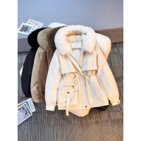 冬季新款派克服女连帽大毛领时尚百搭简约棉衣女棉服