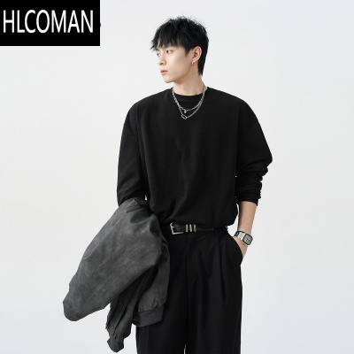 HLCOMAN双面德绒打底衫男潮牌宽松休闲圆领长袖T恤加厚内搭情侣卫衣