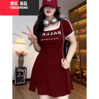 YIBUSHENG大码纯欲甜辣u领掐腰连衣裙女季胖mm显瘦遮肚美式运动风短裙子