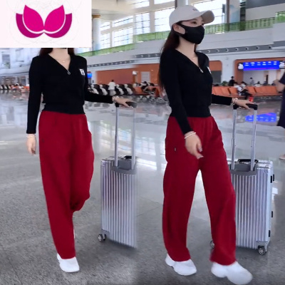 七斓螺纹棉上衣休闲套装女2022秋季新款洋气减龄高腰显瘦阔腿裤套