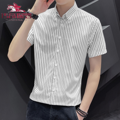 传奇保罗条纹衬衫男士韩版潮流2021春夏季新款商务帅气短袖休闲衬衣