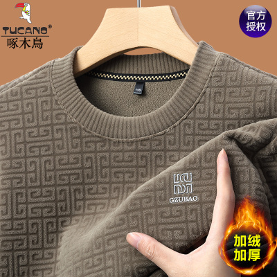 啄木鸟男士加绒加厚奥粒绒卫衣冬季新款时尚圆领保暖针织毛衣男装