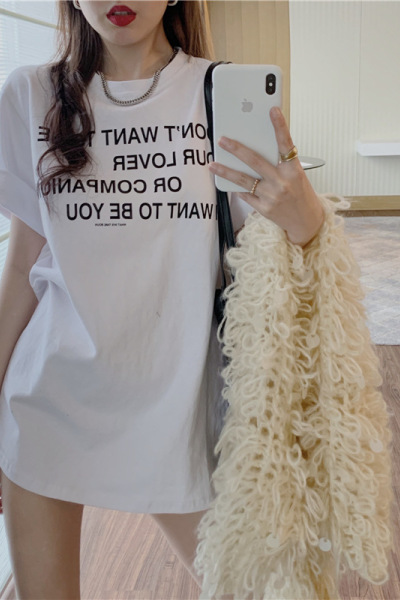 字母短袖T恤女夏装韩版新款中长款女士宽松学生女装上衣