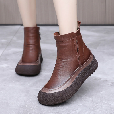 真皮短靴女英伦风24秋新民族复古手工厚底马丁靴软底拼色切尔西靴