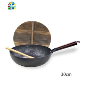 铸铁锅绵半老式家用无涂层燃气煤气灶专用煎炒菜锅 FENGHOU 原木锅盖炒锅