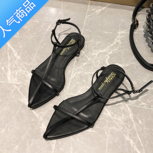 SUNTEK自留款~超百搭韩版尖头平底女凉鞋一字细带平跟软底扣带罗马女鞋