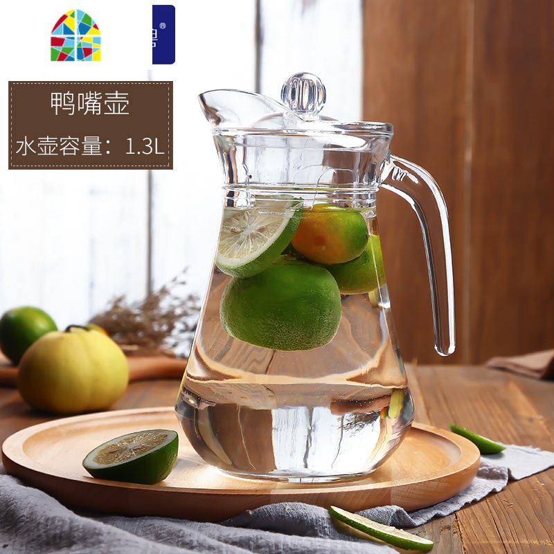 凉水壶冷水壶玻璃家用套装可高温防爆大水壶扎壶果汁壶 FENGHOU 鸭嘴壶+威尔斯四角杯270mlx6