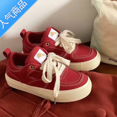 SUNTEK红色厚底小白鞋女ins潮百搭透气小众原创2023夏季新薄款帆布板鞋