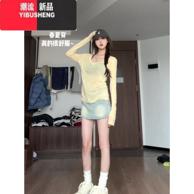 YIBUSHENG奶fufu黄色薄款休闲V领长袖t恤女春季辣妹小众修身显瘦防晒上衣