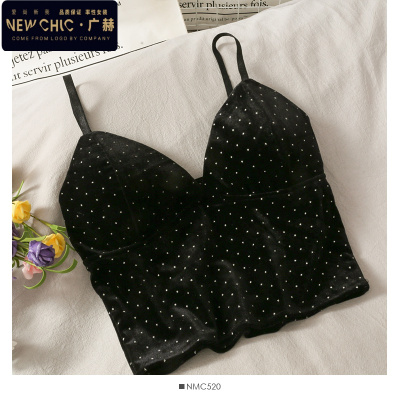 广赫2020韩版亮片印花短款露脐小背心女秋季纯色金丝绒修身内搭吊带衫