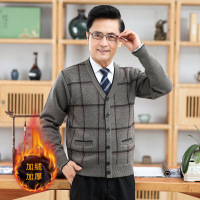秋冬中年男士保暖加绒加厚外套长袖格子提花加绒羊毛开衫外套