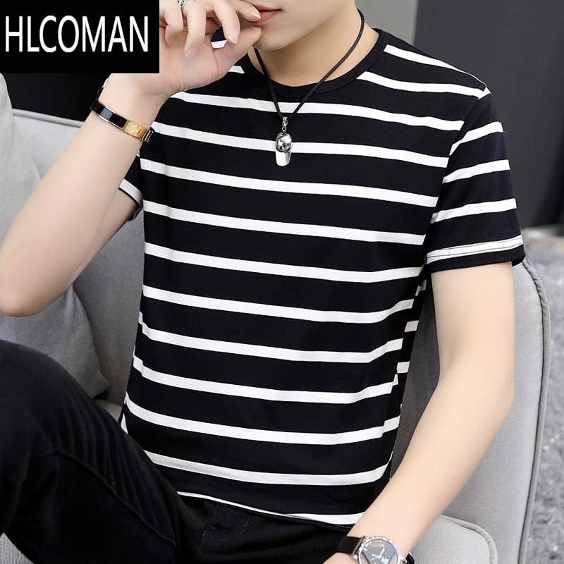 HLCOMAN丝光棉短袖t恤男2025新款夏季黑白条纹半袖海魂衫冰丝透气体恤潮