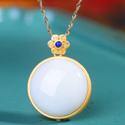 舞玉乘风古法银镶嵌和田玉细料圆蛋面吊坠