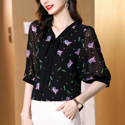 闪洛气质雪纺衫女2021夏季五分袖碎花上衣宽松大码遮肚子洋气小衫