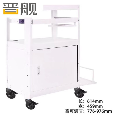 晋舰电脑设备架推车机房培训检测车打印机移动工作台白色带柜带托盘