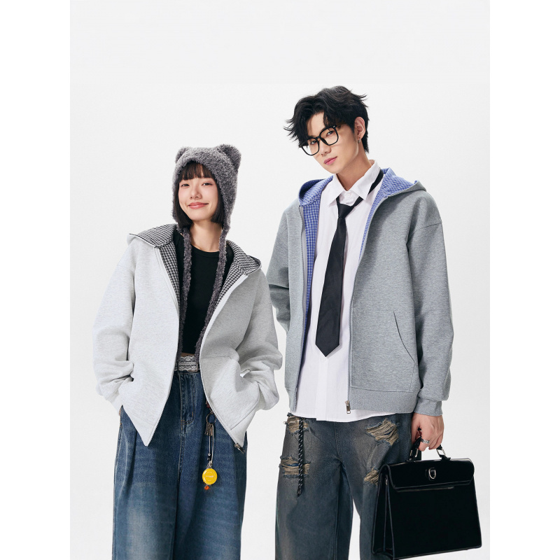 秋冬新款格子连帽卫衣男女同款复古宽松休闲百搭拉链外套男士潮流