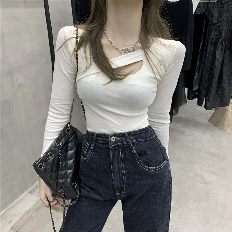 秋季新款设计感小心机镂空T恤纯色百搭修身显瘦长袖上衣女潮