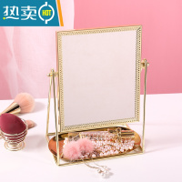 敬平网红ins少女心化妆镜便携欧式金边小圆镜旋转台式桌面化妆品镜子便携式用镜 浅金色方镜+金色碟子 送美妆蛋托