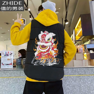 SUNTEK国潮舞狮棉马甲男宽松大码狮王争霸中国风潮牌棉马夹学生坎肩外套马甲/背心