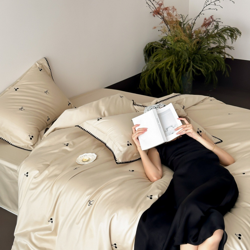高端轻奢风小资秋季床品100s长绒棉磨毛四件套亲肤贴身全棉被套