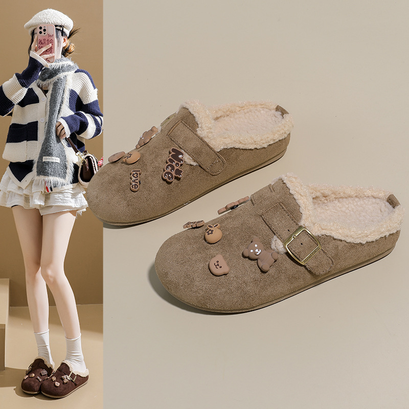 勃肯鞋新款秋冬懒人加绒勃肯鞋一脚蹬棉鞋半包头拖鞋外穿
