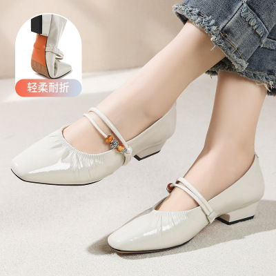 玛丽珍鞋女2026春秋新款一字扣中跟串珠浅口单鞋复古仙女鞋四季鞋