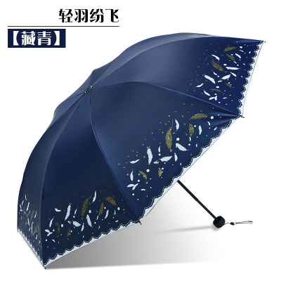 伞三折晴雨伞黑胶遮阳伞防晒防紫外线女折叠两用小清新太阳伞轻羽纷飞-藏青
