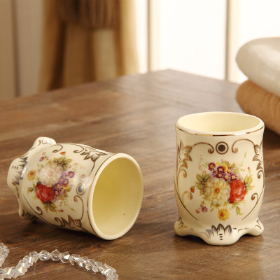 欧式陶瓷浴室用品洗漱杯牙刷漱口杯刷牙杯子牙桶牙缸一对情侣杯三维工匠单杯（玫瑰）