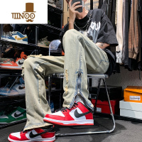 YANXU黄泥染破洞牛仔裤男夏季高街拉链设计感小众大码宽松直筒休闲长裤