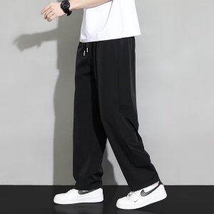 直筒裤男士夏季新款垂感纯色宽松型青少年阔腿休闲冰丝裤_1
