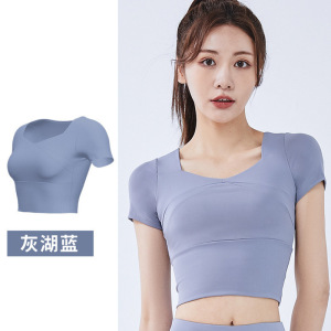 拼接速干瑜伽服带胸垫瑜伽短袖裸感修身显瘦运动健身上衣