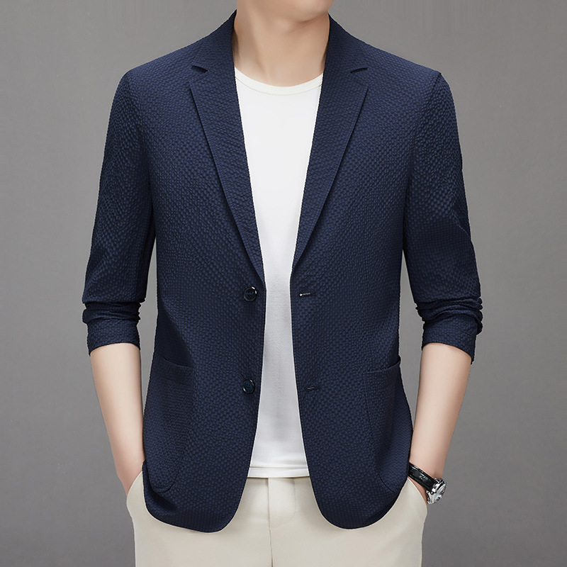 春夏单层泡泡纱弹力西装男士韩版修身免烫休闲青年便西服