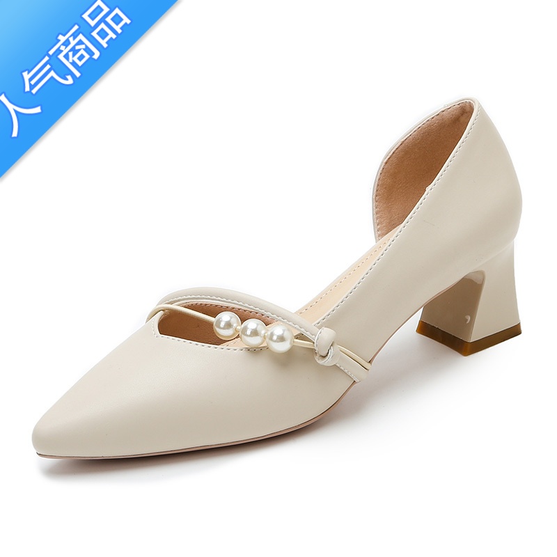 SUNTEK法式侧空单鞋女夏季尖头中跟粗跟晚晚风仙女鞋温柔小个子高跟鞋子