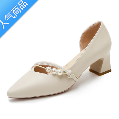 SUNTEK法式侧空单鞋女夏季尖头中跟粗跟晚晚风仙女鞋温柔小个子高跟鞋子