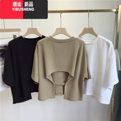 YIBUSHENG露背短款短袖t恤女季新款设计感小众宽松甜辣风辣妹上衣女镂空