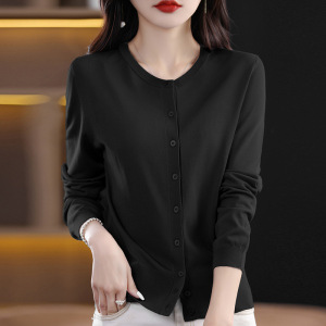 曲竹圆领开衫针织外套女新款百搭薄款休闲长袖纯色上衣防晒衫