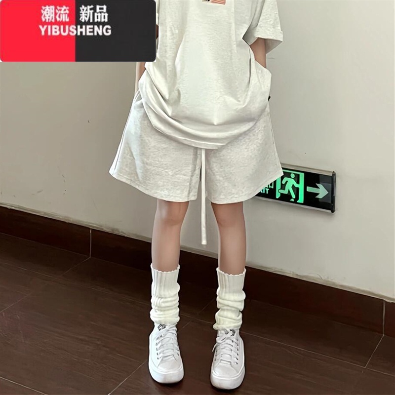 YIBUSHENG美式灰白色休闲运动短裤女季ins阔腿外穿高腰宽松四五分裤