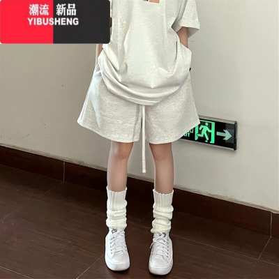 YIBUSHENG美式灰白色休闲运动短裤女季ins阔腿外穿高腰宽松四五分裤