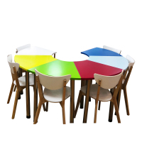 伍贰伍WEW-TTZ-6心理彩色团体活动桌椅6人位白色实木椅活动室自由拼接组合弧形桌