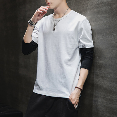 初秋长袖T恤男士插肩撞色韩版圆领全棉休闲空白衫打底衫