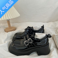 SUNTEK春季松糕厚底粗跟增高乐福鞋女金属双扣亮面英伦日系jk小皮鞋子潮